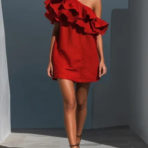 Red Linen-Blend One-Shoulder Tiered Mini Dress