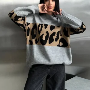 Retro Leopard Print Color-Block Sweater