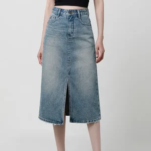 High-Waist Slit Denim Skirt