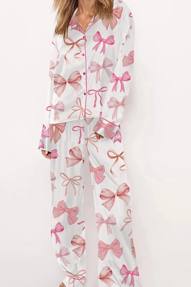 Bow Printed Button Pants Set - obrazek 2