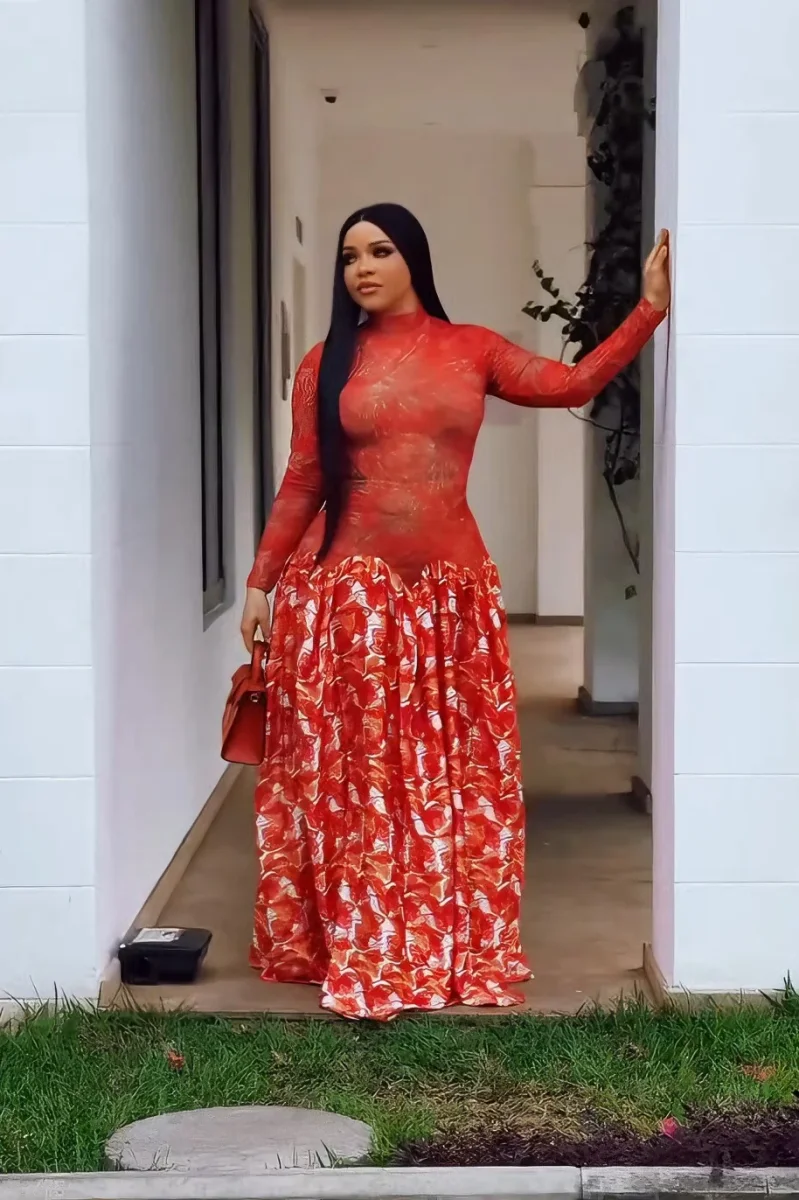 Vibrant Red Sheer Floral Maxi Dress