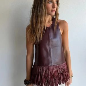 Burgundy Leather Halter Fringe Top