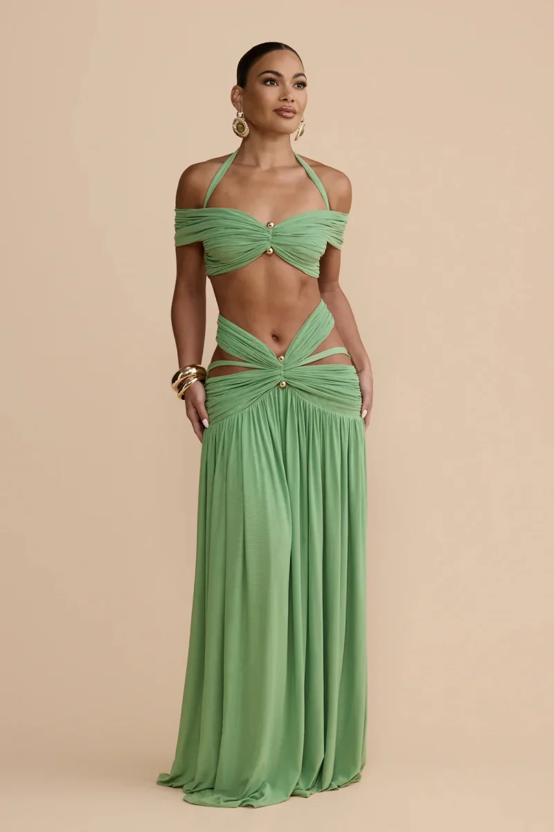 Green Ruched Skirt Set - obrazek 2