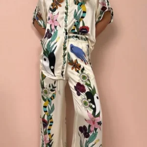 Boho Natureza Printed Satin Shirt & Pants Set