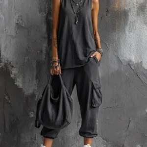 Casual Style Dark Gray Cotton Blend Sleeveless Top + Jogger Cargo Pants Set