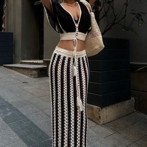 Sibyl Hollow Out Stripe Knit Set